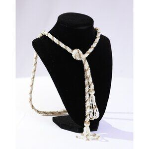 Gold & White Beaded Tassel Necklace